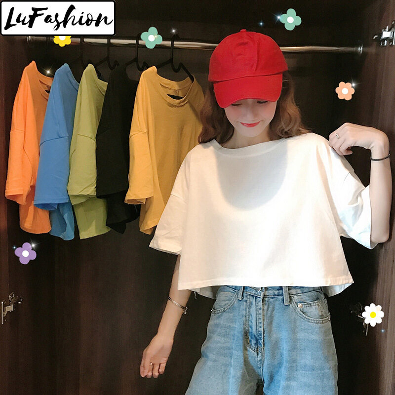 LuFashion Crop Tops for Women Summer Candy Colors Short Sleeve Plain Casual T-Shirts