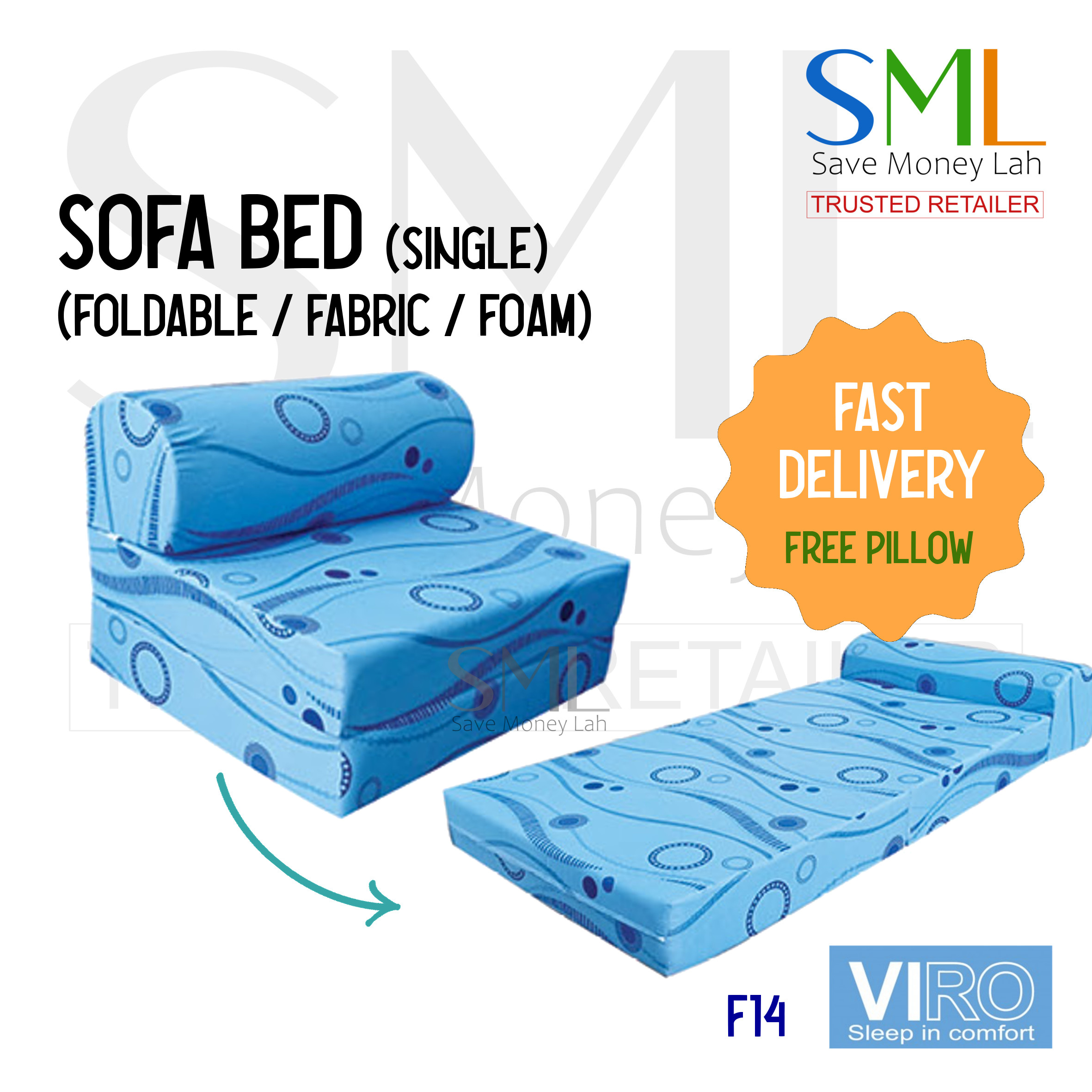 Foldable Fabric Sofa Bed - Foam Type (Single Size) - Medium Firm - 5 designs - Viro