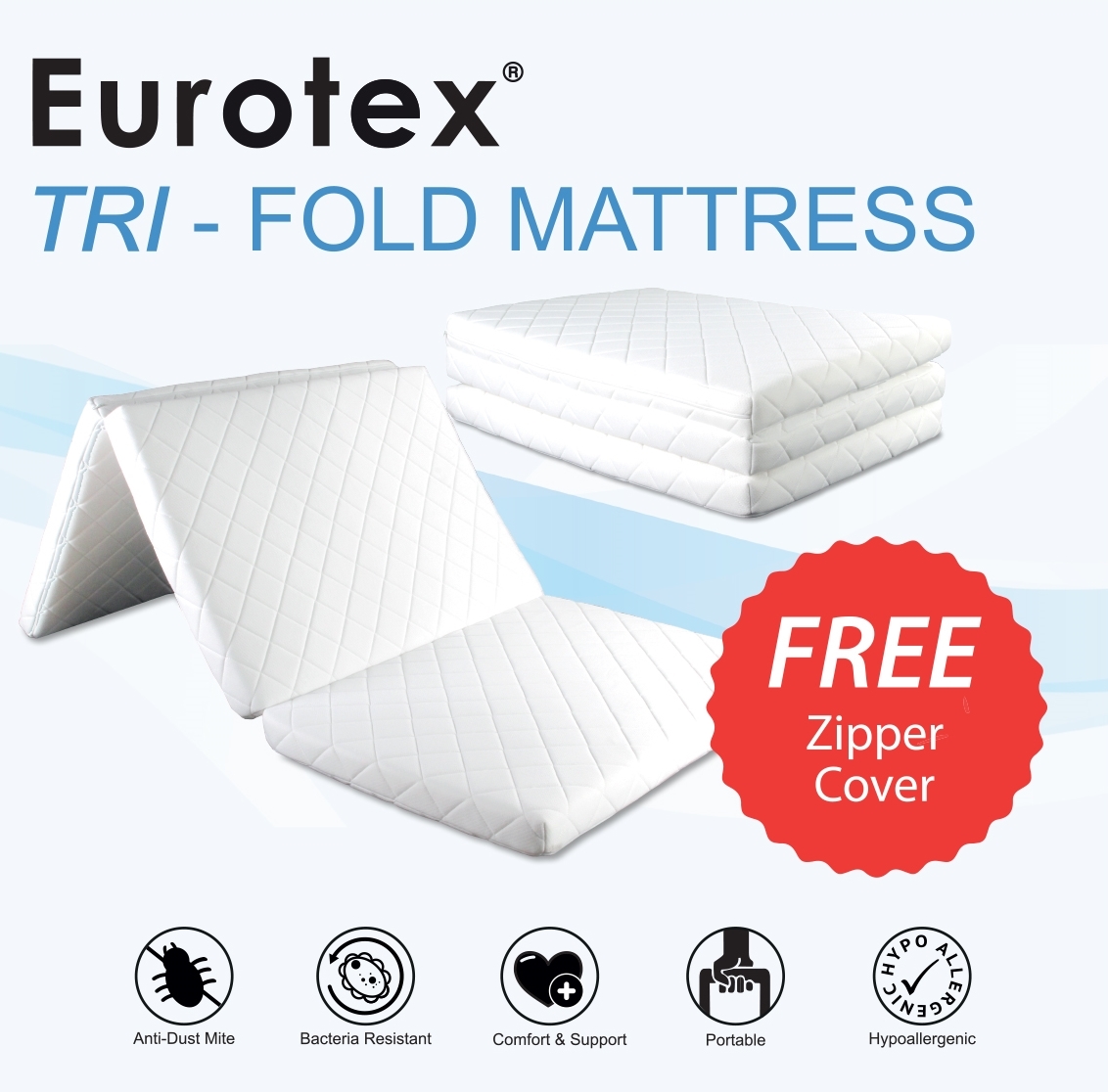 Eurotex, Foldable 3 Fold Foam Mattress, Anti Dust Mite Washable Zip Cover, 6cm / 10cm thick, FREE Cotton Zipper Mattress cover
